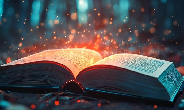 An open book surrounded by glowing particles and a mystical atmosphere, suggesting a sense of magic or knowledge being revealed.