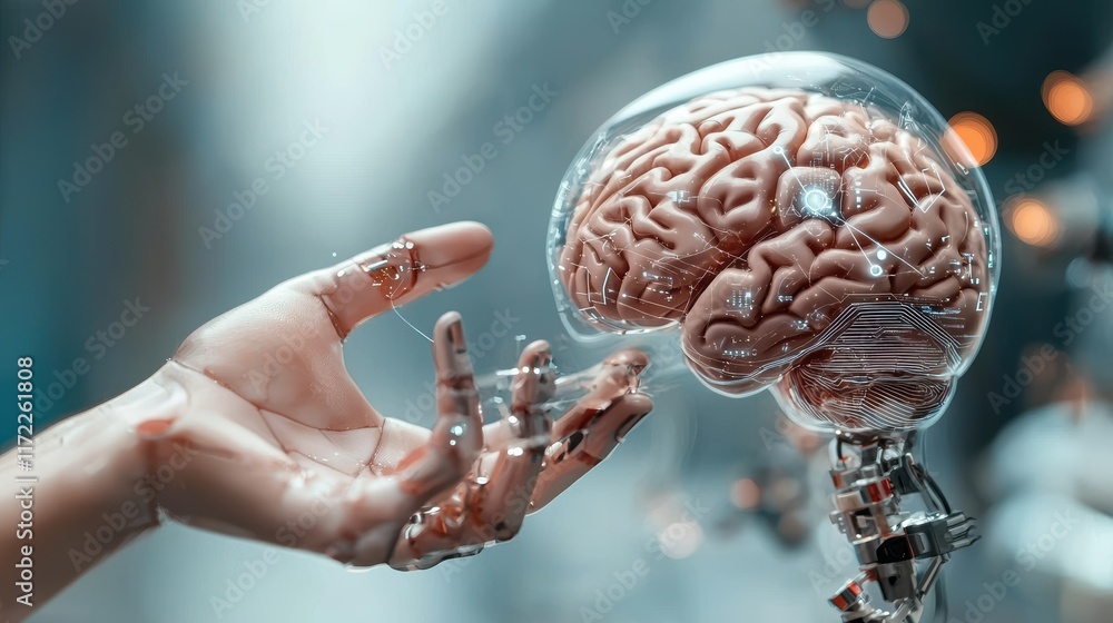Poster exploring human-machine interaction robotic hand engaging with artificial brain futuristic lab close