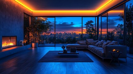 Modern living room with fireplace, city view, and sunset ambiance.
