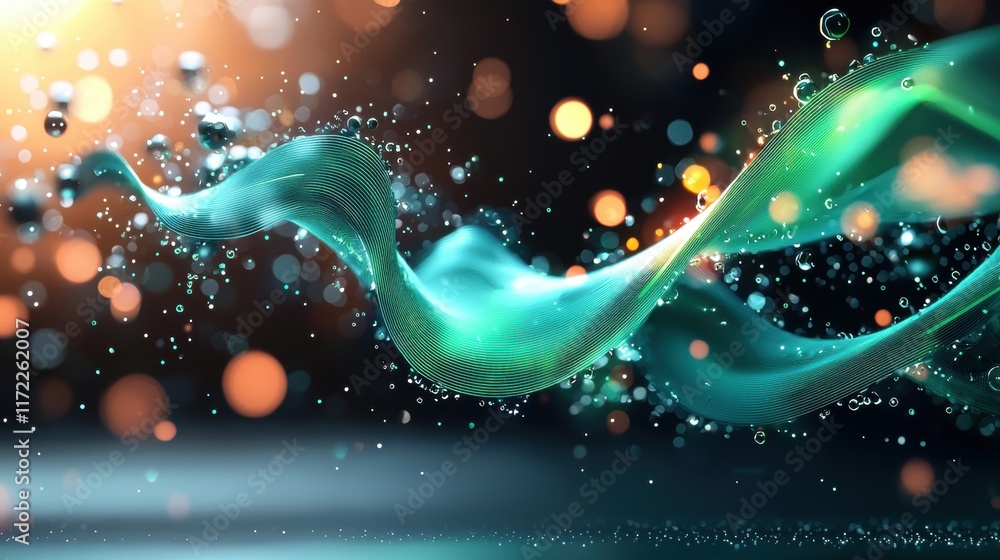 Poster A vibrant, abstract image featuring flowing waves of teal and green with soft bokeh lights creating a sense of motion and depth.