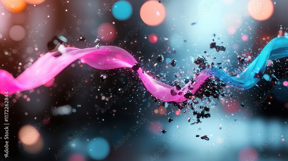 Poster a vibrant swirl of pink and blue fluid dynamics illuminated by colorful bokeh lights, creating an en