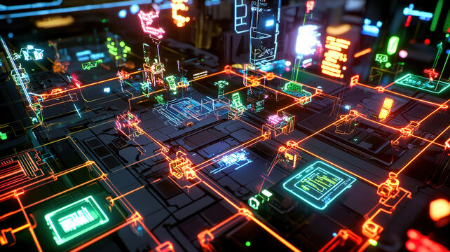 A hacking mini-game interface in a cyberpunk setting, featuring glowing nodes, rapidly changing data streams, and a futuristic aesthetic that immerses players in a high-tech environment.
