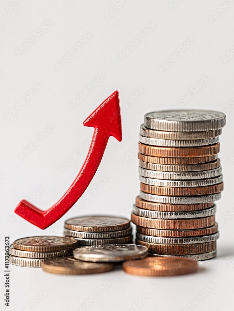 Poster stack of coins with a red downward arrow, illustrating the effect of falling interest rates on savin