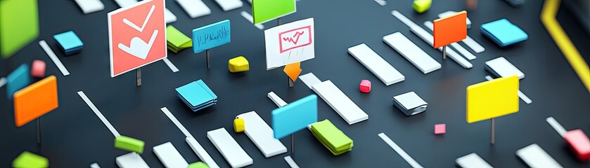 A colorful arrangement of signs and blocks on a black surface, suggesting a planning or mapping theme.