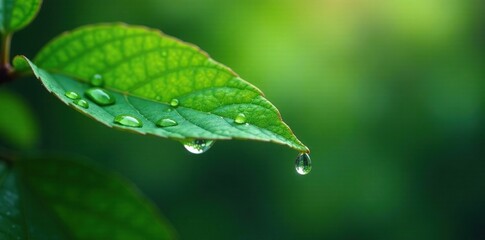 Water droplets falling from a green leaf onto a branch below, Fresh water, Branch below