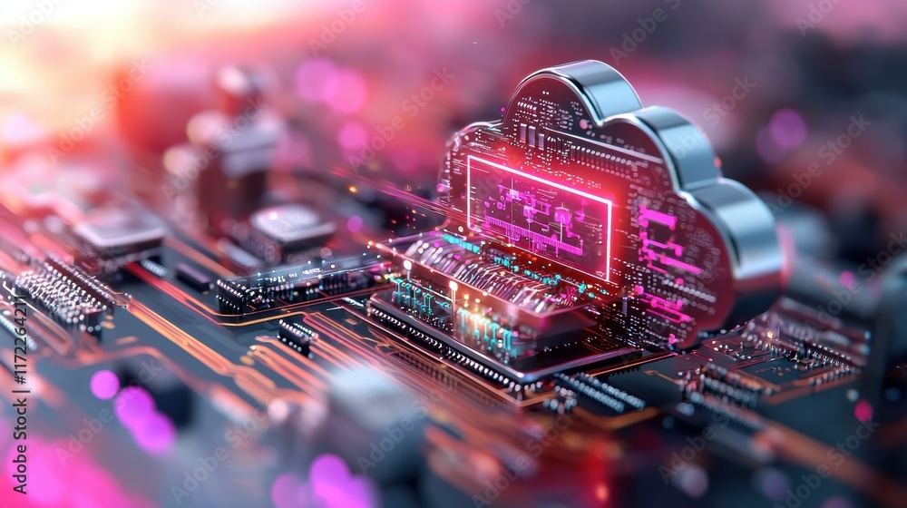 Poster cloud computing technology digital circuit board graphic futuristic environment close-up view