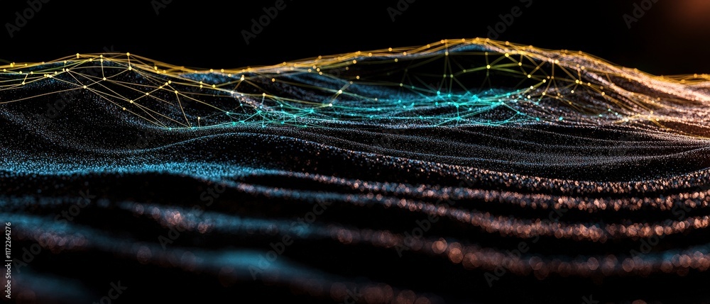 Aufkleber Abstract Digital Landscape Network Connections Data Flow and Glowing Particle Waves