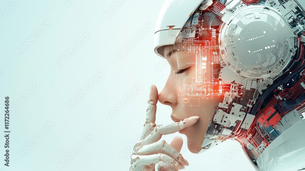 Poster futuristic robotics interaction technology lab digital artwork clean environment side view ai concep