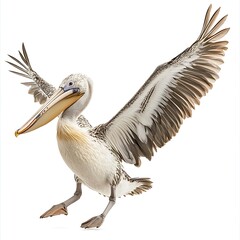 Fototapeta premium Pelican landing, wings spread, white background, wildlife photography, nature stock.