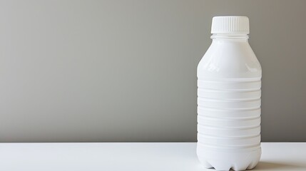 A simple white plastic bottle on a clean surface against a neutral background.