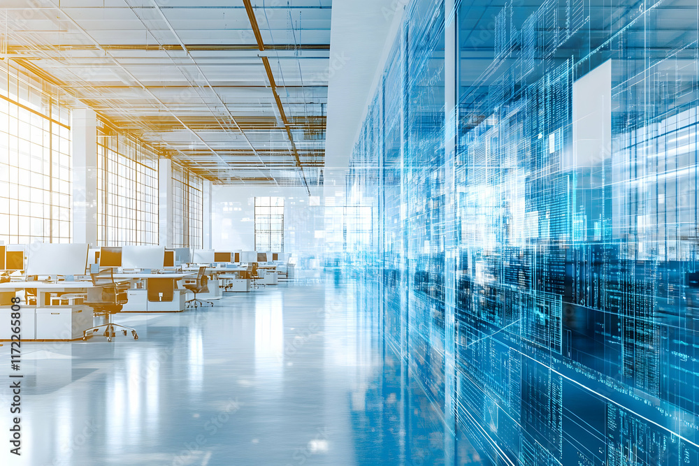 Poster A modern office space featuring sleek desks and large windows, enhanced by digital overlays representing data and technology.