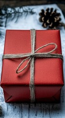 Red Gift Box Tied with Rustic Twine Christmas Present Holiday Season