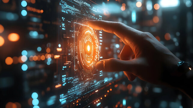 A hand reaches towards a glowing, futuristic interface with intricate patterns and lights, suggesting interaction with advanced technology.