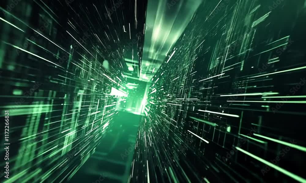 Poster digital data stream green abstract technology tunnel visualization futuristic cyberspace