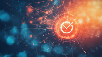 Obraz premium A digital illustration featuring a glowing checkmark surrounded by abstract lines and particles, symbolizing verification and progress.