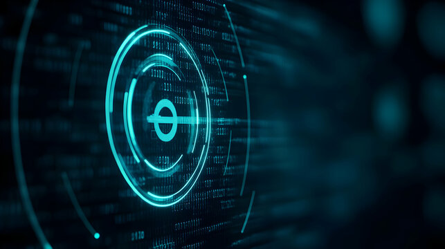 A futuristic digital design featuring a glowing circular interface with binary code elements, representing technology and data flow.