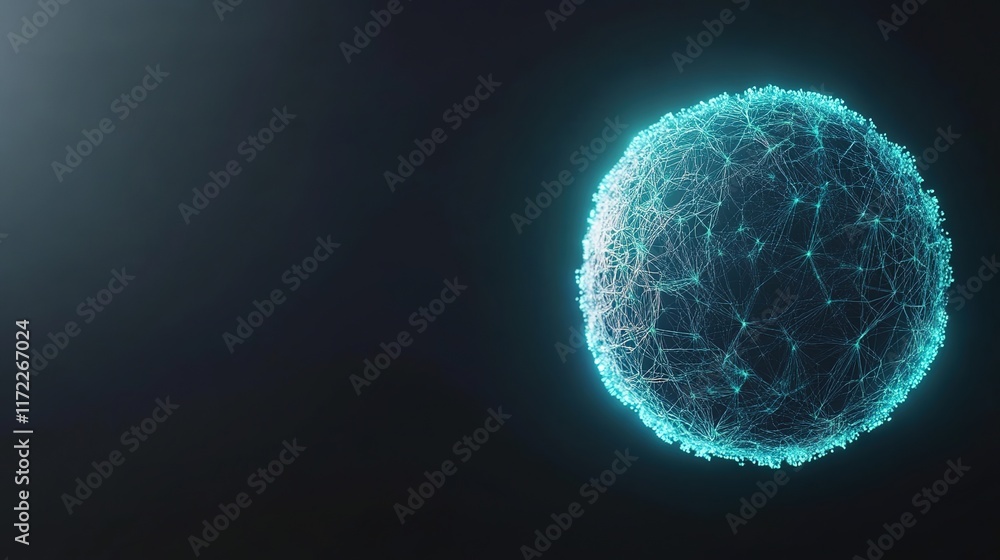 Poster abstract glowing sphere with interconnected lines on dark background