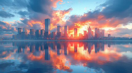 Fototapeta premium Surreal abstract cityscape reflected in a large mirror with distorted, stretched buildings under golden hour light, symbolizing the fleeting nature of time and urban life 