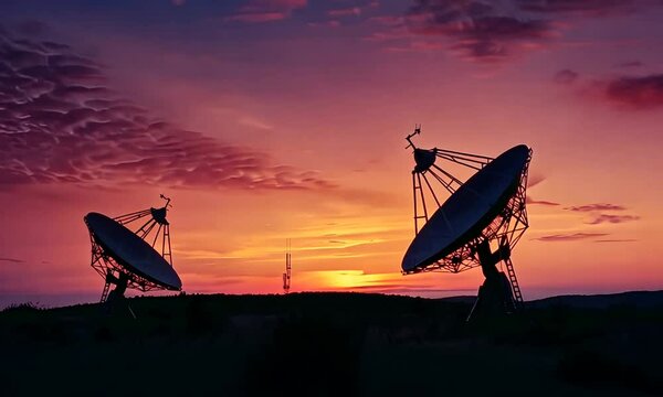 The image depicts satellite dishes silhouetted against a vibrant sunset, highlighting the intersection of technology and nature.