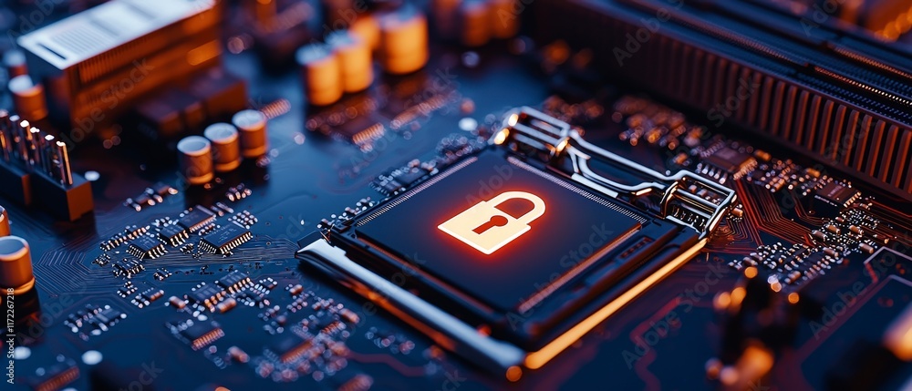 Aufkleber digital security illuminated padlock on advanced computer motherboard close up