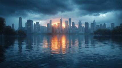 Fototapeta premium An editorial illustration depicting a city skyline partially submerged due to rising sea levels, highlighting the effects of climate change.