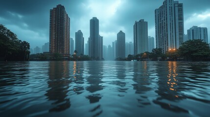 Fototapeta premium An editorial illustration depicting a city skyline partially submerged due to rising sea levels, highlighting the effects of climate change.