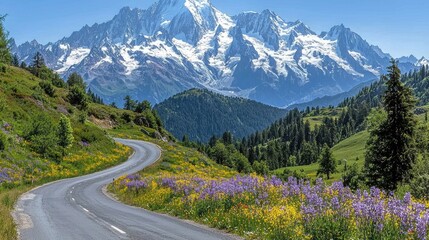 Naklejka premium Scenic mountain landscape with a winding road and vibrant wildflowers in the foreground.