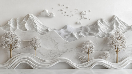 Mountainous landscape and trees, Tree Relief Carving Landscape with Golden, white Sun and Moon on mountain, high texture mural art background.