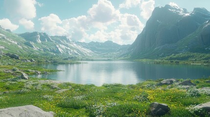 A serene landscape featuring mountains, a lake, and vibrant greenery under a clear sky.