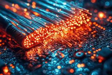 Fiber optic cables transmitting data on circuit board with glowing background