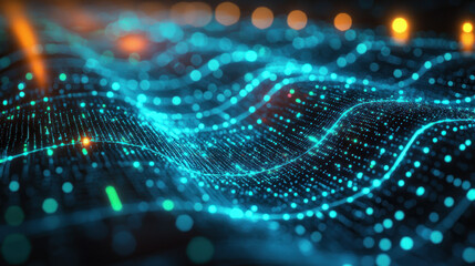 Glowing blue digital wave flowing on dark bokeh background, data visualization