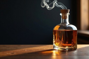 Aromatic mist rises from a glass bottle of fine whiskey on a polished wooden table, refinement, smoke
