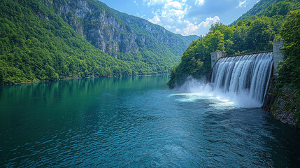 Dam waterfall cascading into turquoise mountain lake with forested slopes