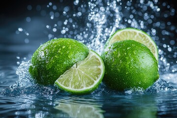 Juicy limes splashing into water; vibrant green, water droplets. Perfect for refreshing drink ads, healthy food blogs, or summer themes.