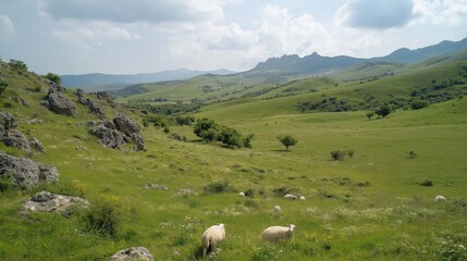 Serene Green Hills with Grazing Sheep