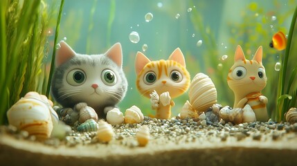 Adorable Kitten Trio: Underwater Scene, Whimsical 3D Animation