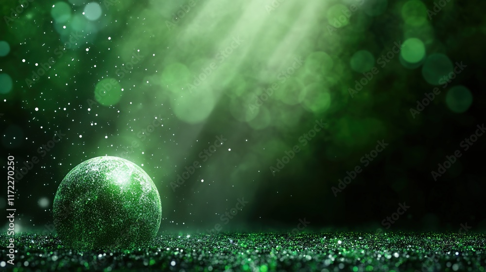 Poster ethereal green sphere surrounded by sparkling light rays and bokeh