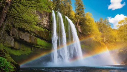 Obraz premium Majestic waterfall with a rainbow in a vibrant forest setting during sunny weather