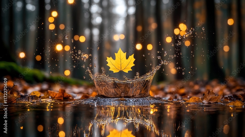 Poster leaf splash in forest pond with bokeh background and autumn vibes