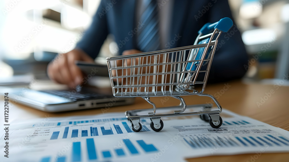 Poster a small shopping cart sits on financial documents, with a person using a calculator in the backgroun
