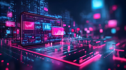 Fototapeta premium A futuristic digital interface showcasing data visualizations in vibrant colors, symbolizing advanced technology and analytics.