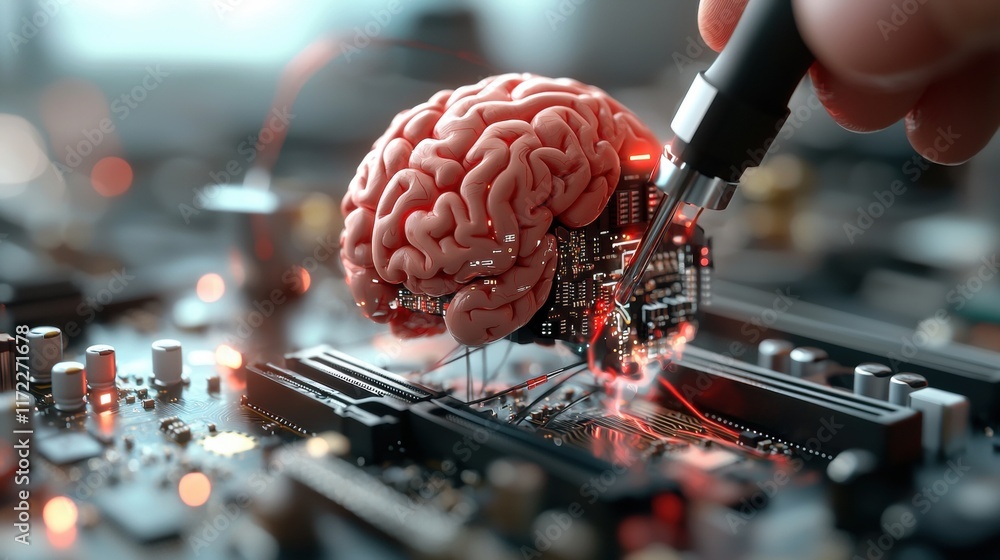 Poster exploring neural networks brain simulation on circuit board technology lab digital art close-up inno