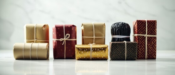 Collection of Beautifully Wrapped Gifts Presents in Kraft Paper and Festive Designs Holiday Surprise