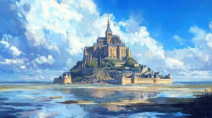 Mont Saint-Michel standing tall against a clear blue sky, surrounded by tidal waters.