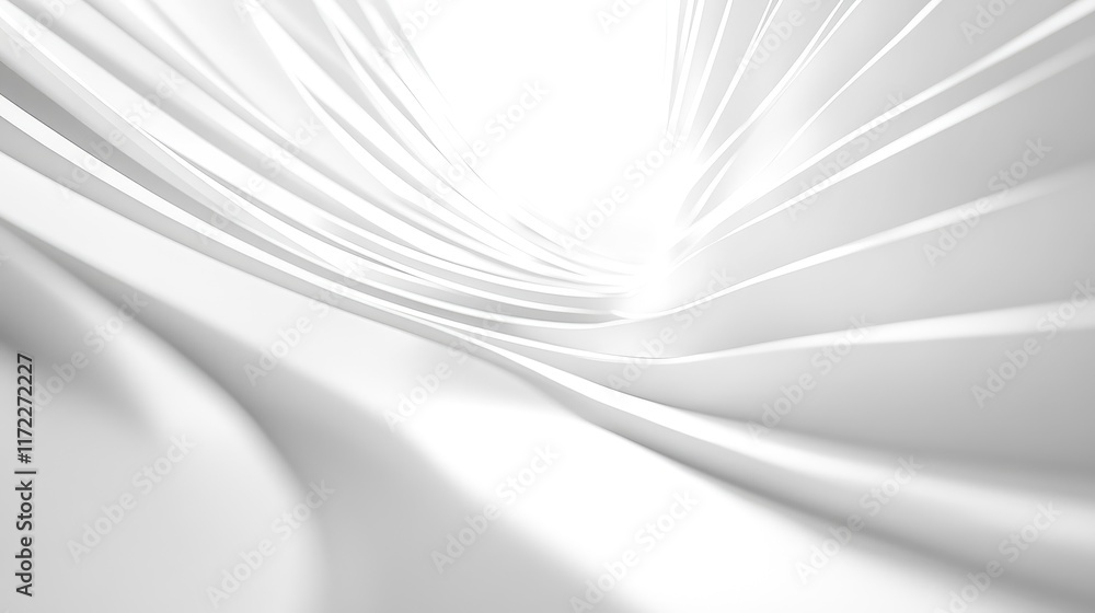 Poster An abstract white background with curved lines and light rays, symbolizing technology or digital space. A modern, minimalist 3D rendering, ideal for design presentations