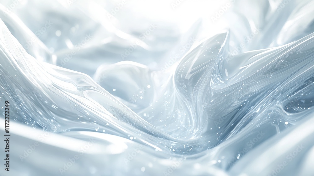 Aufkleber A 3D rendering of an abstract white background with flowing liquid in shiny silver and light blue colors, featuring a soft glow, glossy surface and delicate wave design in a white and grey color