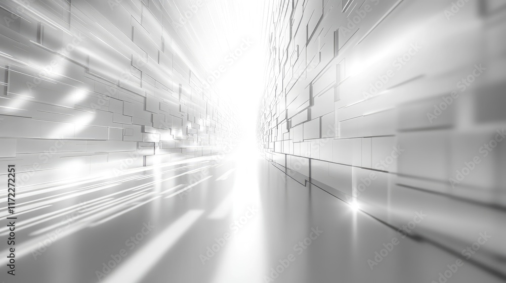 Fototapete A 3D rendering of an abstract background with white and gray color blocks in perspective, featuring light rays. A futuristic scene ideal for business, technology, or science concept design