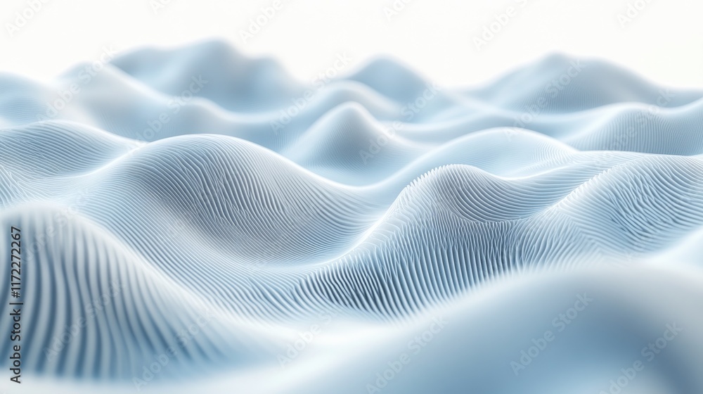Poster A 3D render of abstract wavy lines in light blue on a white background, featuring a minimalistic style with a high level of detail and sharp focus, creating a sleek and modern design