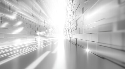 A 3D rendering of an abstract background with white and gray color blocks in perspective, featuring light rays. A futuristic scene ideal for business, technology, or science concept design