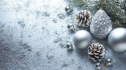 Silver Christmas ornaments, pine cones, and fir branch on textured background; holiday greeting card.